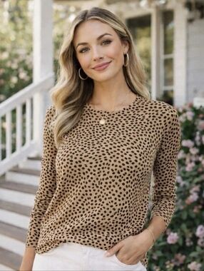 J Crew Sweater Womens S Tan Cheetah Print Teddie Soft Cotton Knit Pullover